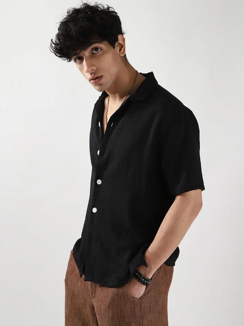 Urbano Fashion Urbano Fashion Men's Black Cotton Half Sleeve Oversized Fit Textured Shirt with Cuban Collar
