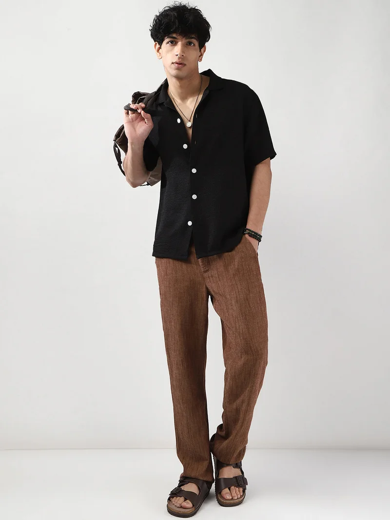Urbano Fashion Urbano Fashion Men's Black Cotton Half Sleeve Oversized Fit Textured Shirt with Cuban Collar