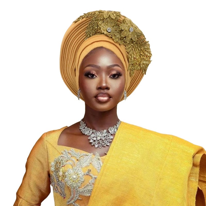 NJYFG Fashion African Autogele Headtie Nigeria Women Head Wraps Already Made Wedding Geles (gold) - Image 1