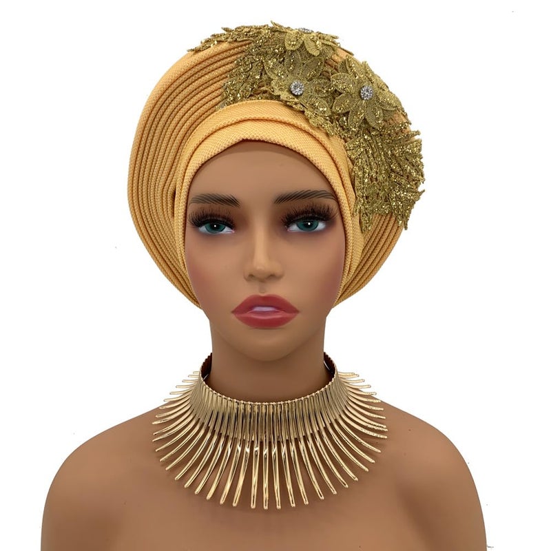 NJYFG Fashion African Autogele Headtie Nigeria Women Head Wraps Already Made Wedding Geles (gold) - Image 5