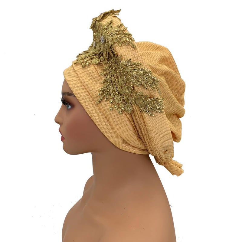 NJYFG Fashion African Autogele Headtie Nigeria Women Head Wraps Already Made Wedding Geles (gold) - Image 3