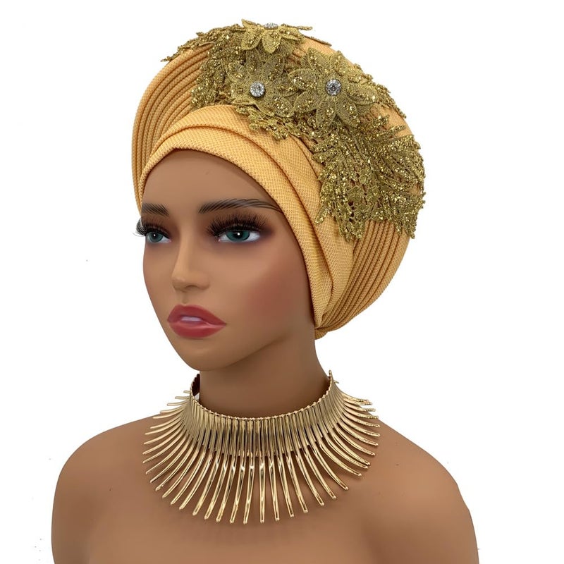 NJYFG Fashion African Autogele Headtie Nigeria Women Head Wraps Already Made Wedding Geles (gold) - Image 2