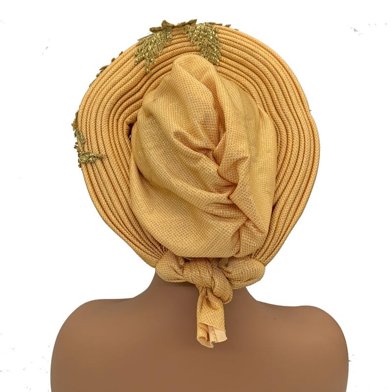 NJYFG Fashion African Autogele Headtie Nigeria Women Head Wraps Already Made Wedding Geles (gold) - Image 4