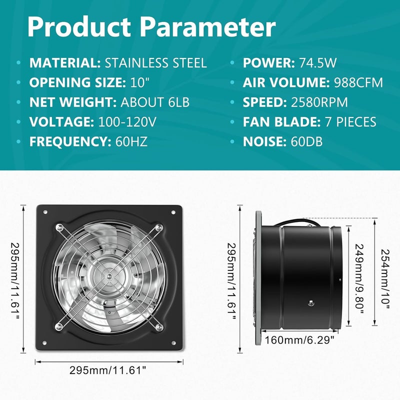 HG Power مروحة عادم معدنية 10 بوصة من HG Power مع مفتاح، 988 CFM مروحة عادم مرآب قوية مع صمام، مروحة حائط محمولة لاستخراج الأبخرة للتهوية للورشة، السقيفة، القبو، قن الدجاج، أسود - Image 2