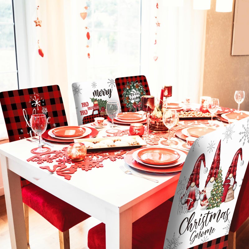FuWeave 6 Pcs Christmas Chair Covers Red Black Buffalo Plaid Chair Back Covers Xmas Chair Protector Slipcovers Washable Winter Dining Room Seat Covers for Home Hotel Kitchen Decorations - Image 5