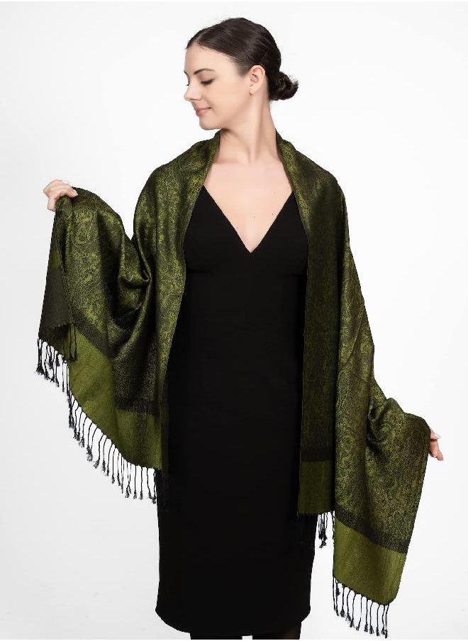 Achillea - Achillea Two Tone Vintage Jacquard Paisley Pashmina Shawl Wrap Scarf (Dark Green) - Image 1