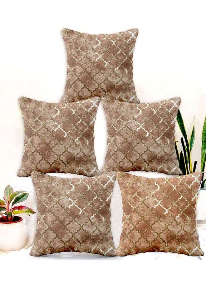 BLUE GRASS Digital HD Foil Print Velvet 200 TC Cushion Cover - Set Of 5 || Fawn || Size: 16X16 Inches. - Image 1