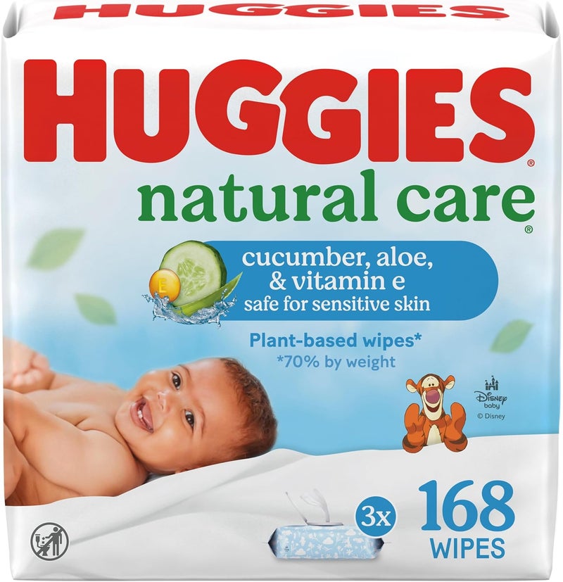 HUGGIES Natural Care Cucumber, Aloe and Vitamin E Baby Wipes, Hypoallergenic, Scented, 3 Flip-Top Packs (168 Wipes Total), Packaging May Vary - Image 1
