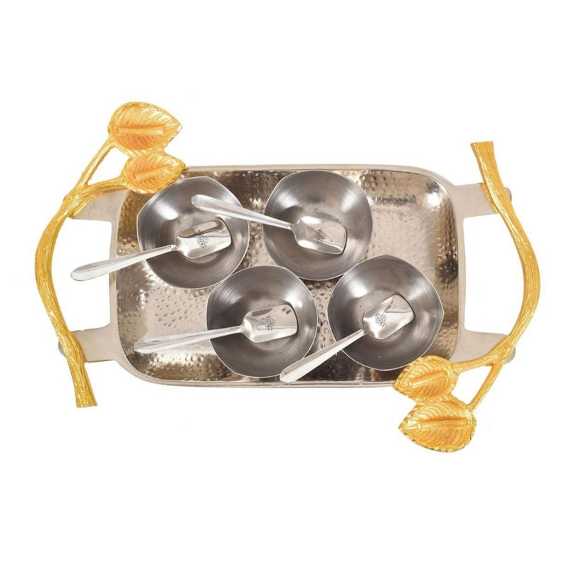 Taluka Stainless Steel Hammered Tray with Ice Cream Bowls 4 Pcs Set Tableware for Serving Ice Cream 150 ML Use in Home Hotel Restaurant - Image 2
