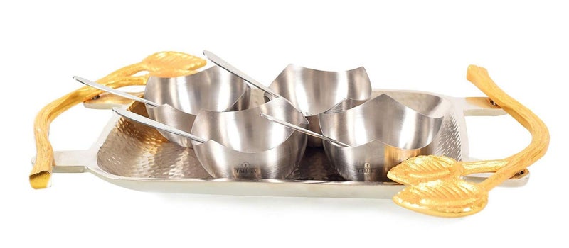 Taluka Stainless Steel Hammered Tray with Ice Cream Bowls 4 Pcs Set Tableware for Serving Ice Cream 150 ML Use in Home Hotel Restaurant - Image 1