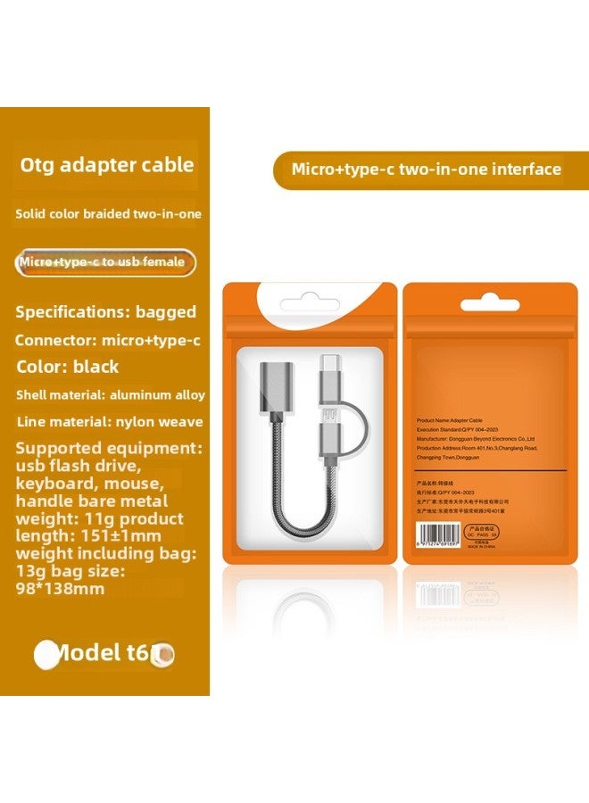 OTG Adapter Typec To USB Converter Charging Cable One-two Data Cable Two-in-one Mobile Phone Adapter-Interface Form:Android + Type-c 2-in-1 [pure Black Braided Wire] Bag  - Image 1