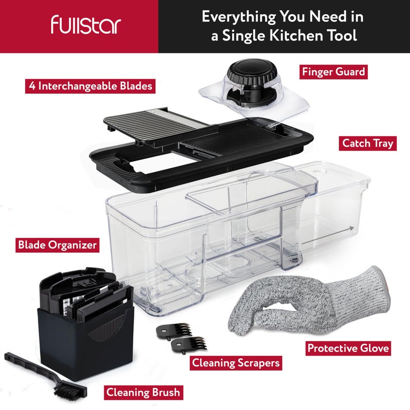 Fullstar فولستار آلة تقطيع الخضار 4 في 1، آلة تقطيع الماندولين ومبشرة الجبن - قاطع البطاطس المقلية ومقطع الخضار - قاطع الجبن - يتضمن آلة لف دوارة محمولة كهدية (أسود) - Image 2