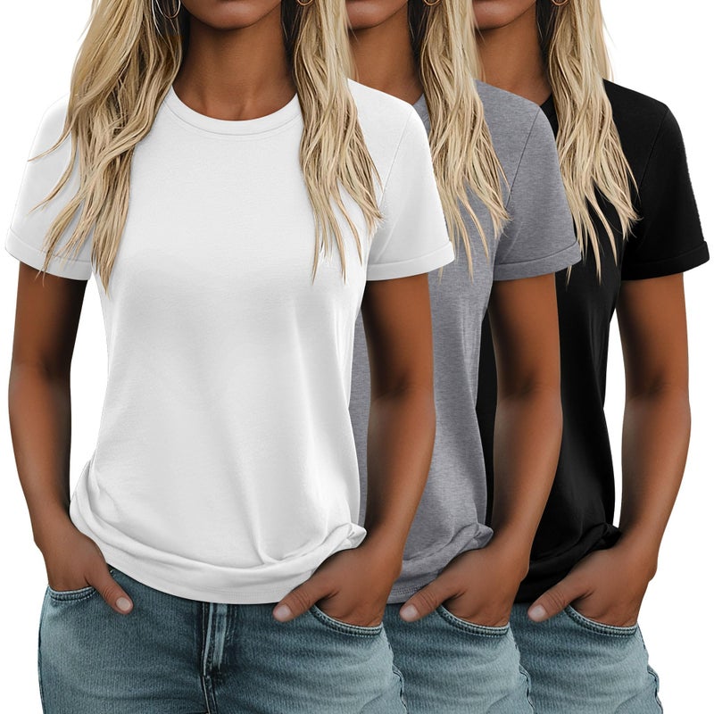 Huukeay 3 Pack Women's Cotton T Shirts Casual Short Sleeve Tunic Tops Crewneck Summer Plain Basic Loose Fit Tee(Black, White, Gray,X-Large) - Image 1
