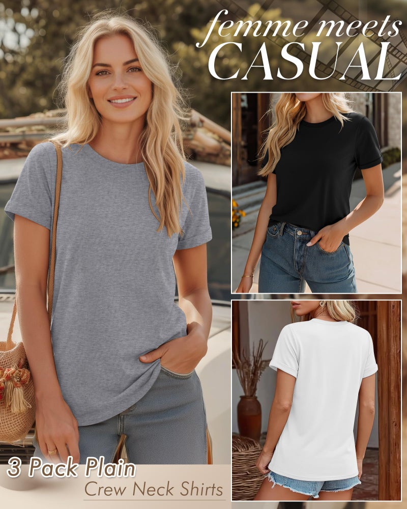 Huukeay 3 Pack Women's Cotton T Shirts Casual Short Sleeve Tunic Tops Crewneck Summer Plain Basic Loose Fit Tee(Black, White, Gray,X-Large) - Image 4
