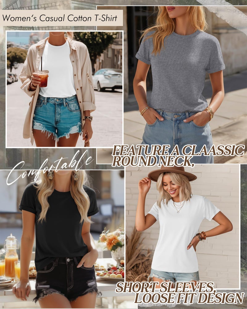 Huukeay 3 Pack Women's Cotton T Shirts Casual Short Sleeve Tunic Tops Crewneck Summer Plain Basic Loose Fit Tee(Black, White, Gray,X-Large) - Image 3