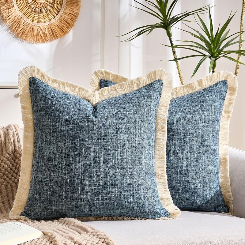 KWLET Decorative Linen Fringe Throw Pillow CoversPillow Covers 18x18 Farmhouse Pillows Boho Pillow Covers with Tassels Soft Accent Pillowcase for Couch Sofa Bed Living Room Home Decor Blue Gray - Image 1