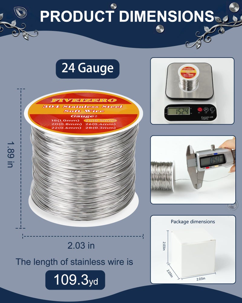 FIVEIZERO 24 Gauge 304 Stainless Steel Wire for Jewelry Making,109yd Stainless Steel Jewelry Wires Thin Metal Craft Wire for Necklace,Bracelet,Earring,Bead Stringing,DIY,Floral and Home Crafts - Image 2