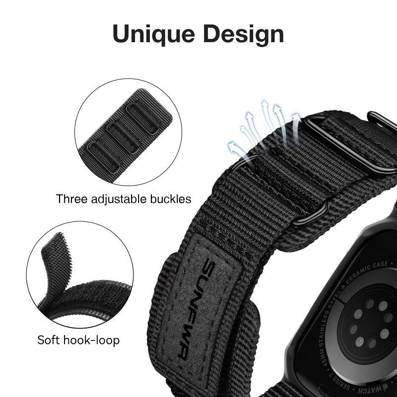 SUNFWR Bands Compatible with Apple Watch 44mm 45mm with Case,Rugged Sport Apple Watch Strap with Protective Cover for iwatch Series 9/8/7/6/5/4/SE for Men(Black Black Tags) - Image 3
