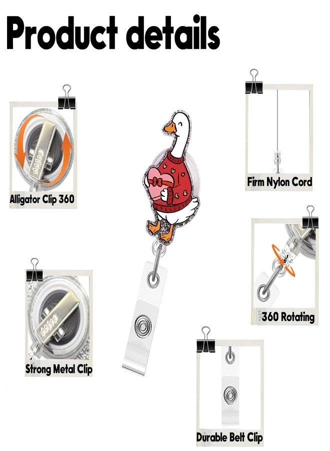 OFDNE Valentines Badge Reel,Cute Goose Acrylic Badge for ID Card Badge,Funny Telescoping Retractable Badge Holder Alligator Clip Accessories with Heart Box Sweater Designs for Nurse,Medical Worker,Teacher - Image 2