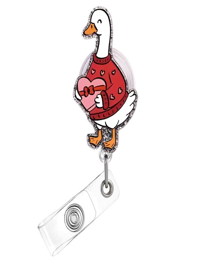 OFDNE Valentines Badge Reel,Cute Goose Acrylic Badge for ID Card Badge,Funny Telescoping Retractable Badge Holder Alligator Clip Accessories with Heart Box Sweater Designs for Nurse,Medical Worker,Teacher - Image 1