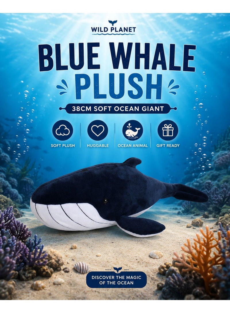 Wild Planet Blue Whale Plush Toy 38cm Soft Ocean Stuffed Animal Realistic Marine Whale Plushie Cute Huggable Sea Creature Pillow Plush Doll for Kids Boys Girls Baby Nursery Bedroom Gift - Image 1