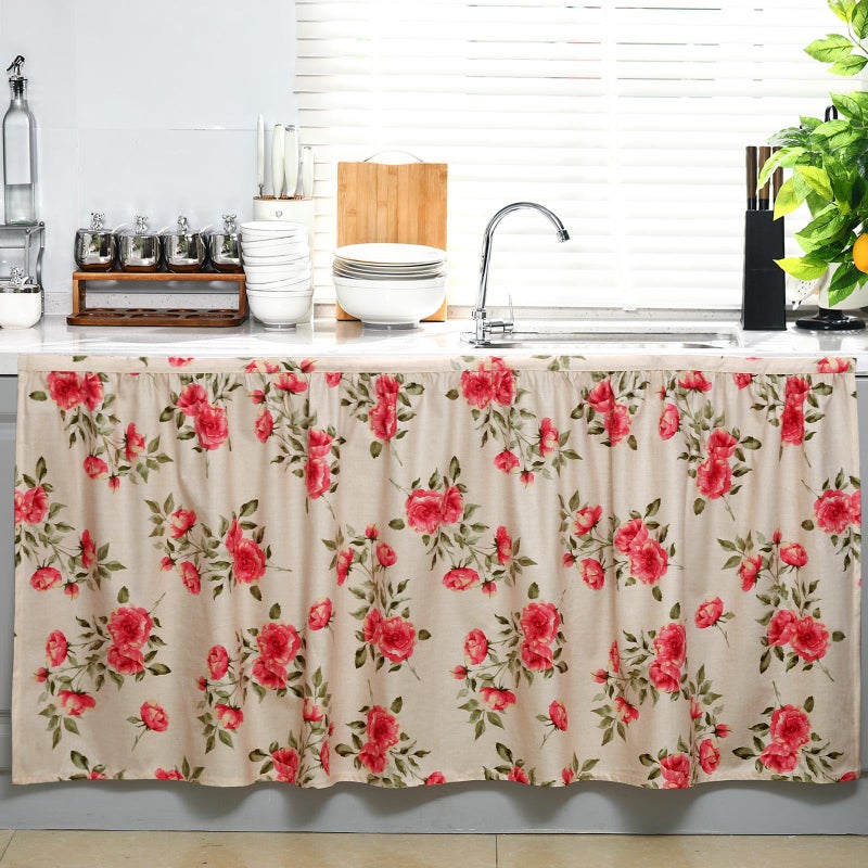 VitalCozy Cabinet Curtains 28" W x 51" L Sink Skirt for Bathroom Kitchen Vintage Rose Floral Cabinet Curtains for Classroom Home Farmhouse Rustic Drape Under Desk Privacy Drape for Laundry Room - Image 1