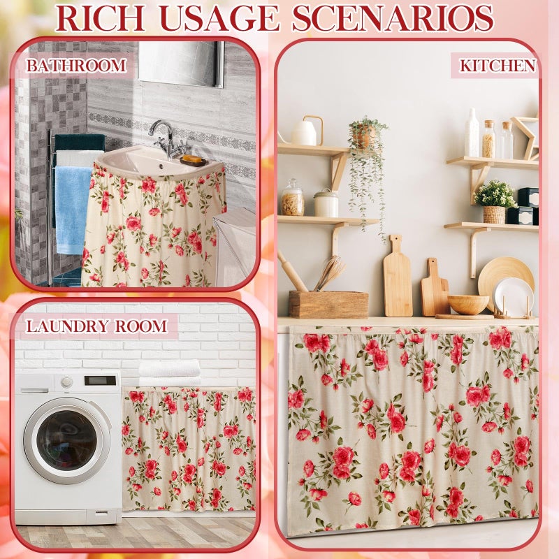 VitalCozy Cabinet Curtains 28" W x 51" L Sink Skirt for Bathroom Kitchen Vintage Rose Floral Cabinet Curtains for Classroom Home Farmhouse Rustic Drape Under Desk Privacy Drape for Laundry Room - Image 5