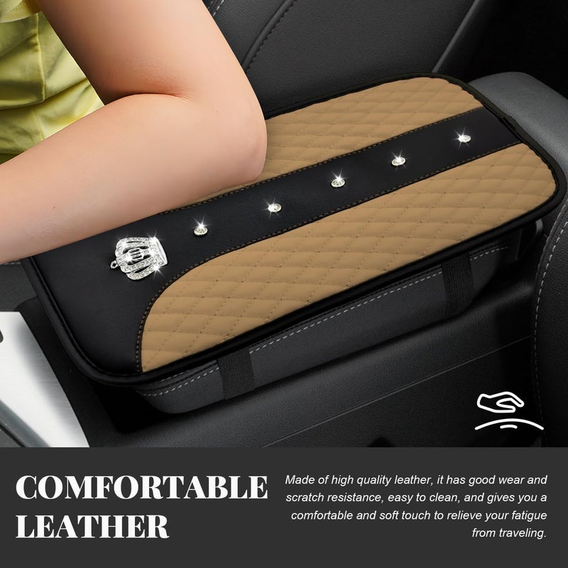 FSTURIOS Bling Leather Car Center Console Cover, 12.6"Ã—7.5" Crystal Anti-Scratch Armrest Protector Seat Box Cover, Waterproof Sparkly Auto Console Cushion Decor for Car Truck SUV (Beige) - Image 5