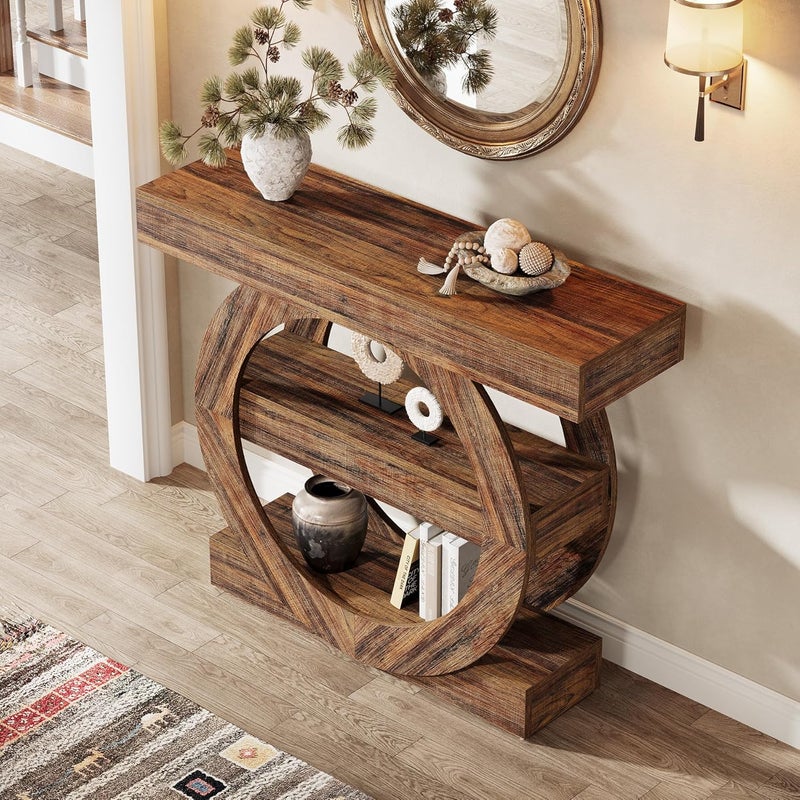 Tribesigns 105cm Farmhouse Console Table, 3-Tier Sofa Table Behind Couch with Circle Base, Entryway Furniture with Storage Shelves for Living Room, Hallway, Foyer (Rustic Brown) - Image 4