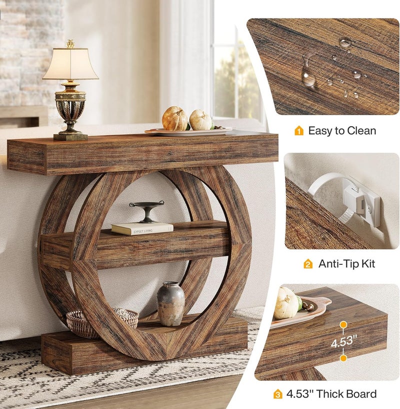 Tribesigns 105cm Farmhouse Console Table, 3-Tier Sofa Table Behind Couch with Circle Base, Entryway Furniture with Storage Shelves for Living Room, Hallway, Foyer (Rustic Brown) - Image 5
