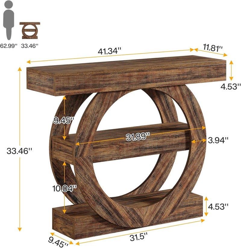 Tribesigns 105cm Farmhouse Console Table, 3-Tier Sofa Table Behind Couch with Circle Base, Entryway Furniture with Storage Shelves for Living Room, Hallway, Foyer (Rustic Brown) - Image 2