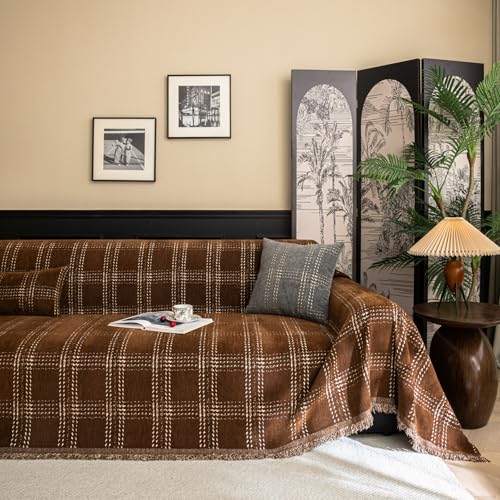 HANDONTIME Plaid Sofa Cover for 3 Cushion Couch, Washable Checkered Couch Slipcover White Geometric Dog Couch Cover Blanket Pet-Friendly Chenille Furniture Protector Sofa Covers(Dark Brown, 71"x134") - Image 1