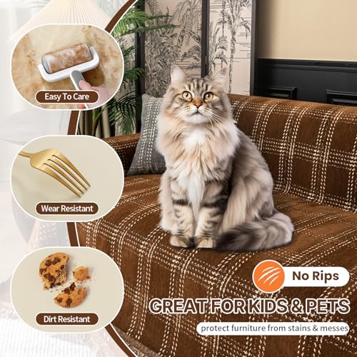 HANDONTIME Plaid Sofa Cover for 3 Cushion Couch, Washable Checkered Couch Slipcover White Geometric Dog Couch Cover Blanket Pet-Friendly Chenille Furniture Protector Sofa Covers(Dark Brown, 71"x134") - Image 3