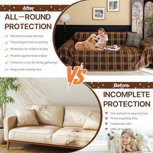 HANDONTIME Plaid Sofa Cover for 3 Cushion Couch, Washable Checkered Couch Slipcover White Geometric Dog Couch Cover Blanket Pet-Friendly Chenille Furniture Protector Sofa Covers(Dark Brown, 71"x134") - Image 4