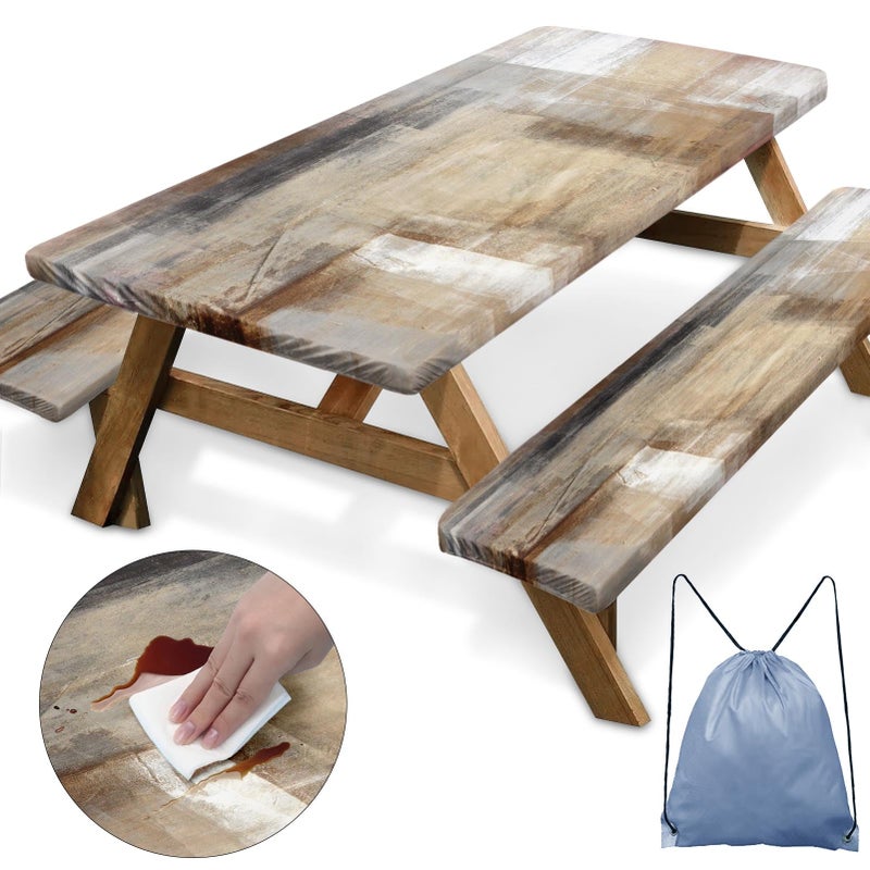 Nesphy Brown Beige Painting Picnic Table Cover with Bench Covers, Grey Office Contemporary Abstract Outdoor Camping - Image 1