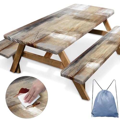 Nesphy Brown Beige Painting Picnic Table Cover with Bench Covers, Grey Office Contemporary Abstract Outdoor Camping - Image 2