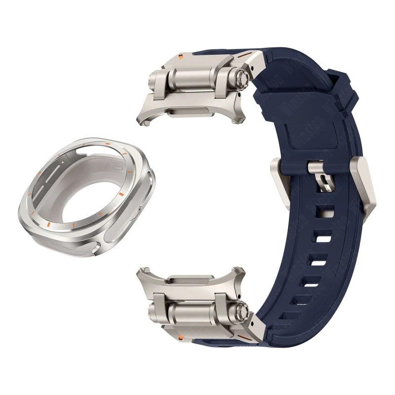Blue Titanium Metal Case FKM Strap for Galaxy Watch 7 Ultra 47mm Protective Cover Sport Bracelet - Image 2