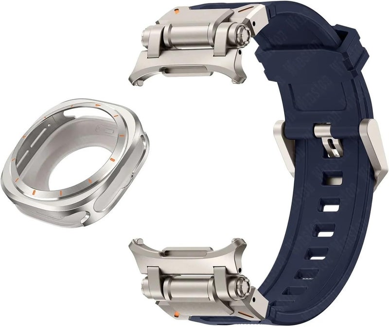 Blue Titanium Metal Case FKM Strap for Galaxy Watch 7 Ultra 47mm Protective Cover Sport Bracelet - Image 1