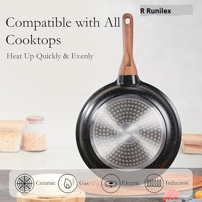 R RUNILEX Non-Stick Frying Pan with Wooden Finish Soft Touch Handle, 2.5mm Thickness, Consumes Less Oil, Even Heat Distribution, Induction Bottom and Gas Ready (Black, 20cm) - Image 5