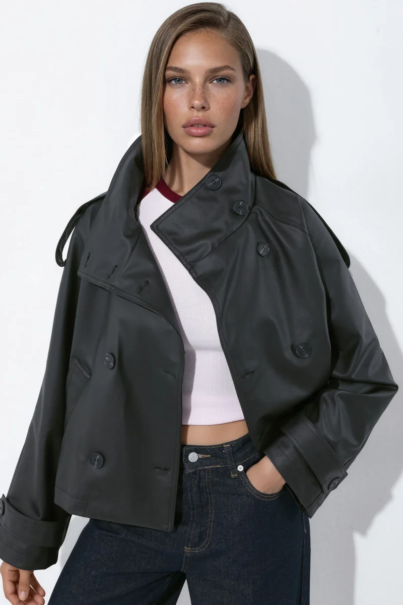 Short Faux Leather Trench Coat