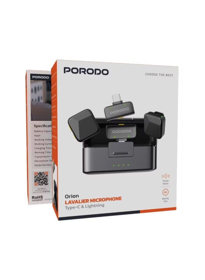 porodo Orion Dual Lavalier Microphones – Type-C & Lightning, Auto-Pairing Wireless Setup, Precise Reverb, 1h Charge for 5h Use, 650mAh Case & 55mAh Mics, 15–20m Range – Black - Image 5