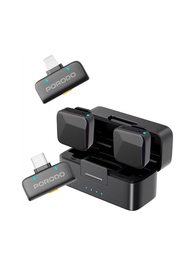 porodo Orion Dual Lavalier Microphones – Type-C & Lightning, Auto-Pairing Wireless Setup, Precise Reverb, 1h Charge for 5h Use, 650mAh Case & 55mAh Mics, 15–20m Range – Black - Image 2
