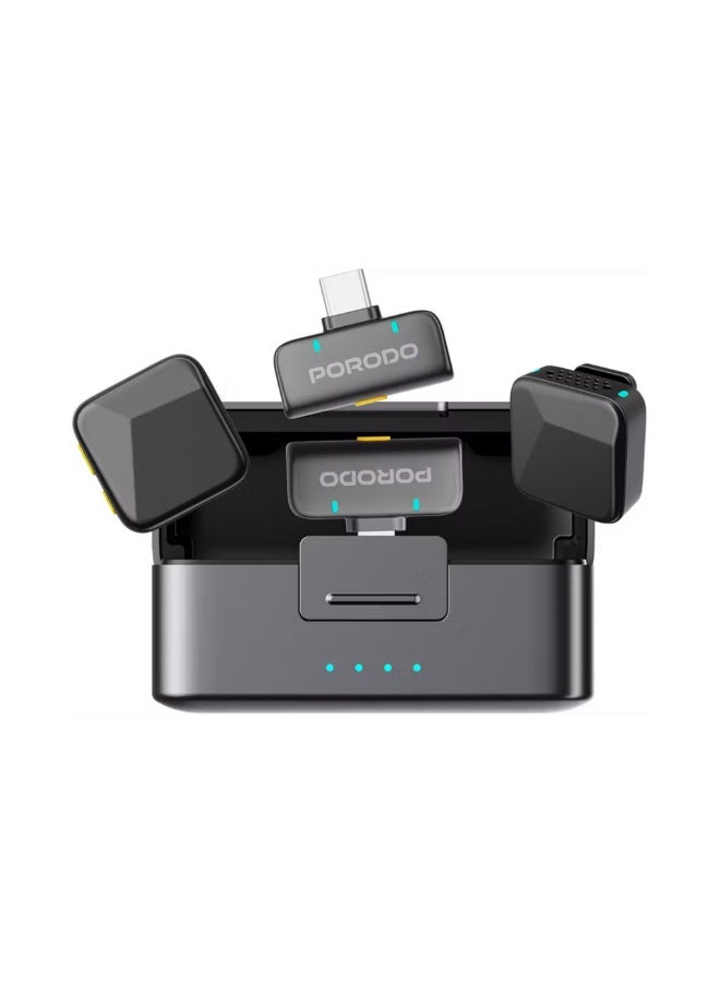 porodo Orion Dual Lavalier Microphones – Type-C & Lightning, Auto-Pairing Wireless Setup, Precise Reverb, 1h Charge for 5h Use, 650mAh Case & 55mAh Mics, 15–20m Range – Black - Image 3