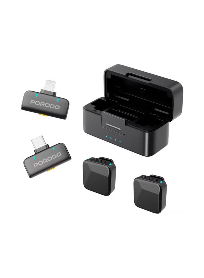 porodo Orion Dual Lavalier Microphones – Type-C & Lightning, Auto-Pairing Wireless Setup, Precise Reverb, 1h Charge for 5h Use, 650mAh Case & 55mAh Mics, 15–20m Range – Black - Image 1