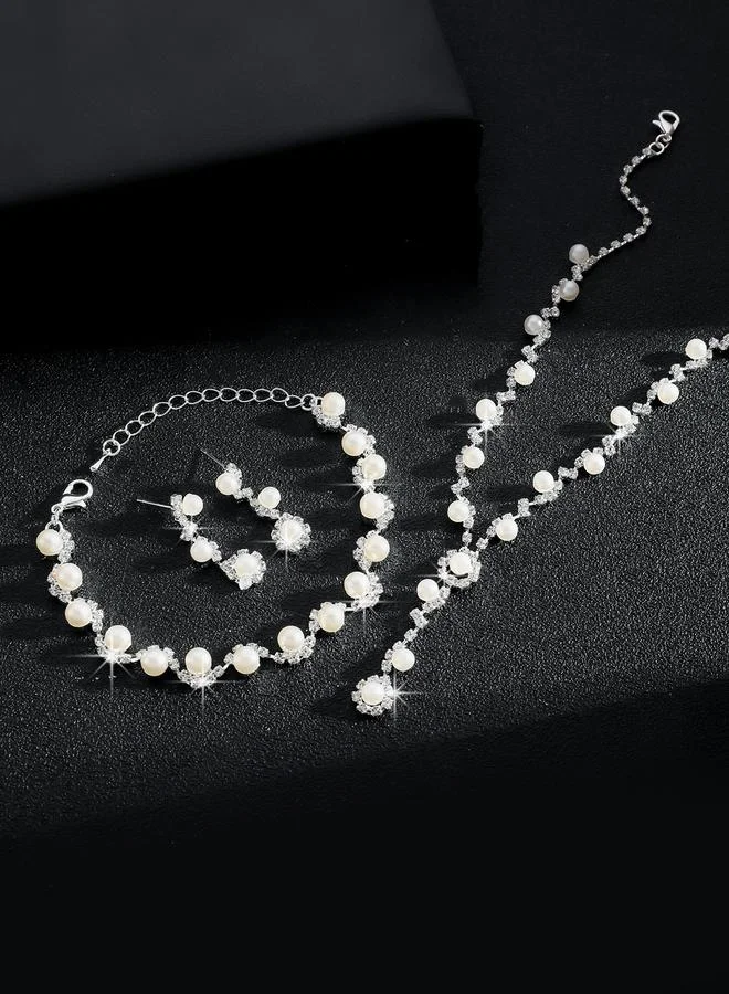 Take Two Take Two Set of 3 - Rhinestone Flower with Faux Pearl Decor Necklace, Earrings and Bracelet