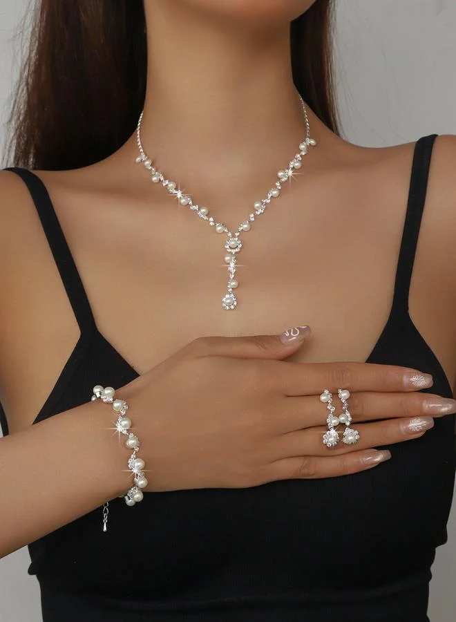 Take Two Take Two Set of 3 - Rhinestone Flower with Faux Pearl Decor Necklace, Earrings and Bracelet