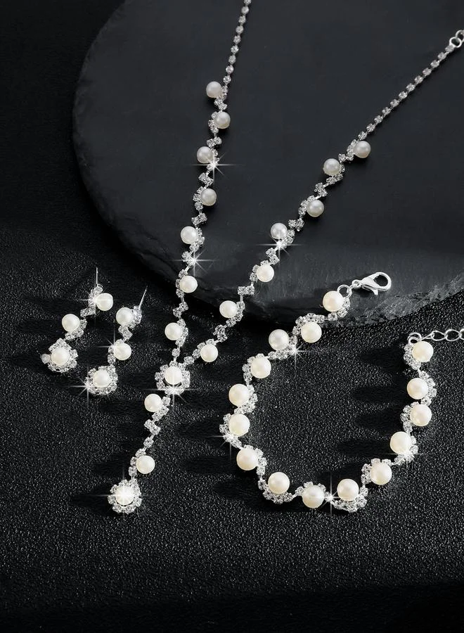 Take Two Take Two Set of 3 - Rhinestone Flower with Faux Pearl Decor Necklace, Earrings and Bracelet