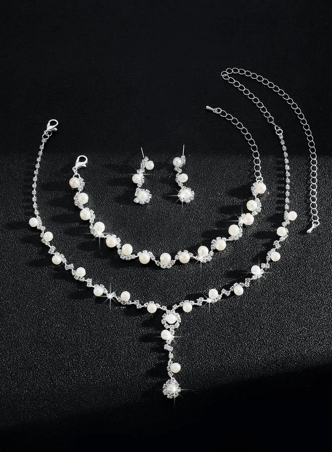 Take Two Take Two Set of 3 - Rhinestone Flower with Faux Pearl Decor Necklace, Earrings and Bracelet