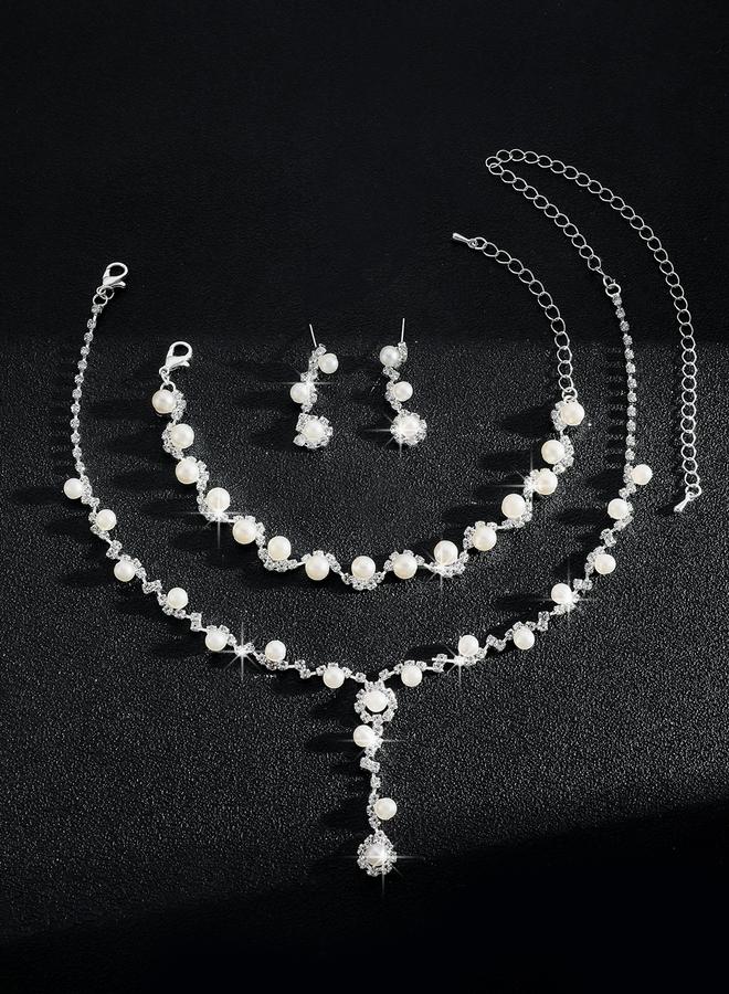 Take Two Styli Set of 3 - Rhinestone Flower with Faux Pearl Decor Necklace, Earrings and Bracelet - Image 2