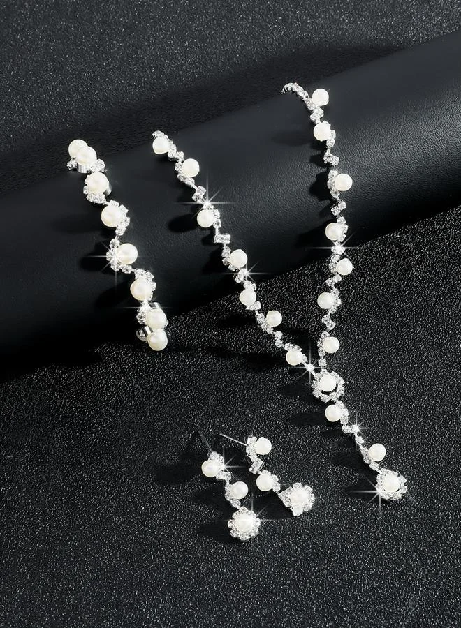 Take Two Take Two Set of 3 - Rhinestone Flower with Faux Pearl Decor Necklace, Earrings and Bracelet